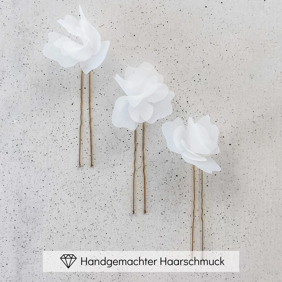 Perlenbräute Flora Haarnadeln Gold Stoffblüten 3er Set
