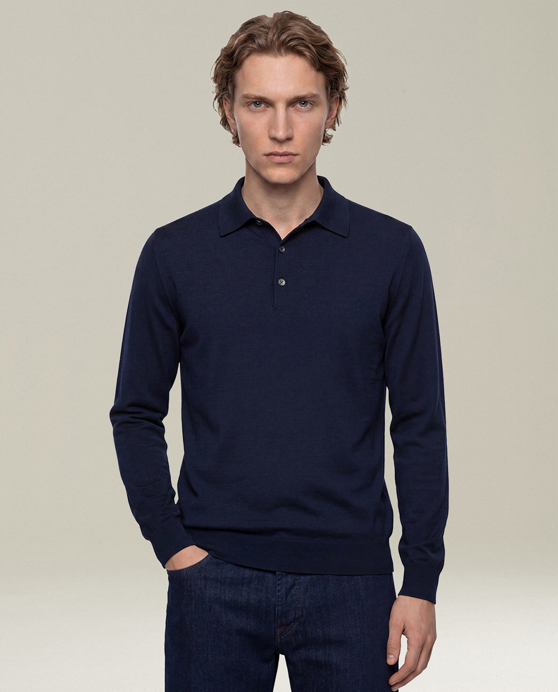 Kiton Navy 14-Micron Langarm-Polo Poloshirt Wolle