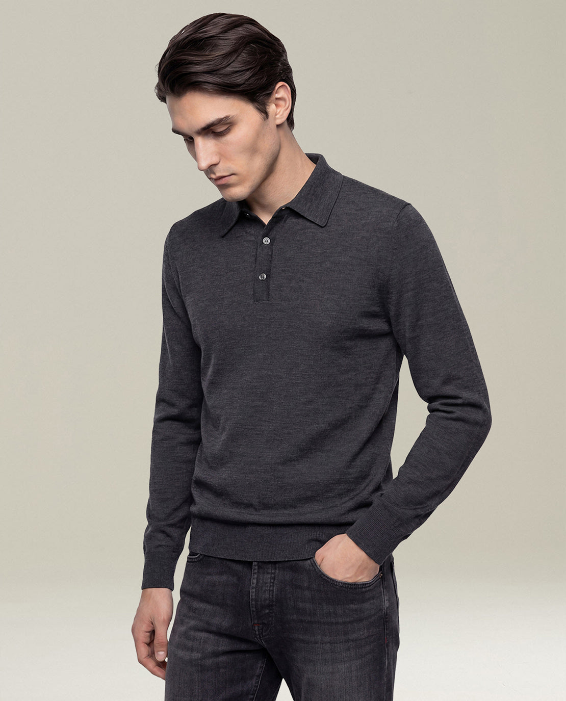 Kiton Polo Charcoal Gray Wool Langarmpolo M Wolle