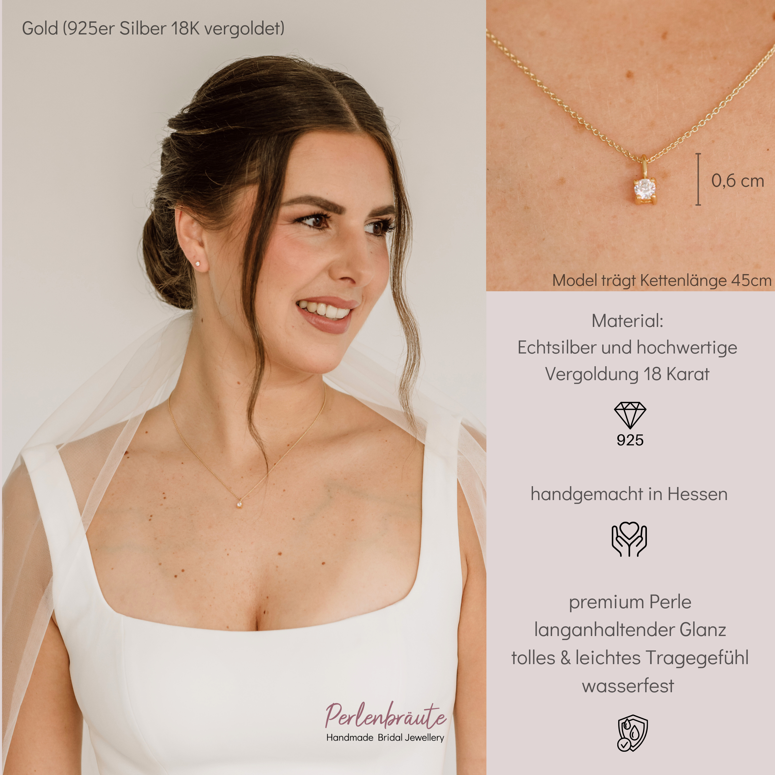 Perlenbräute Sanna Halskette Hochzeit Gold Zirkonia 45 cm