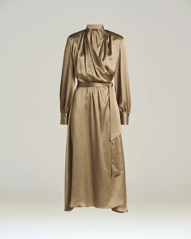 Kiton Seiden Midikleid Beige Wickelkleid mit Gürtel