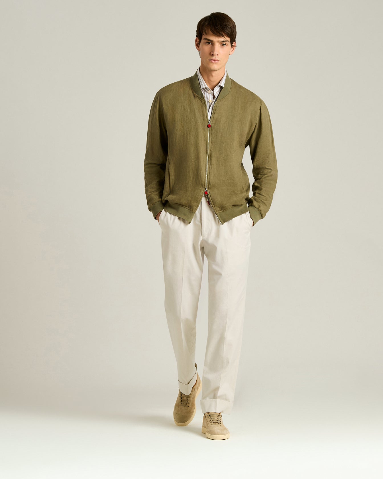 Kiton Linen Jacket Jacke Leinen Khaki Zip Sommer