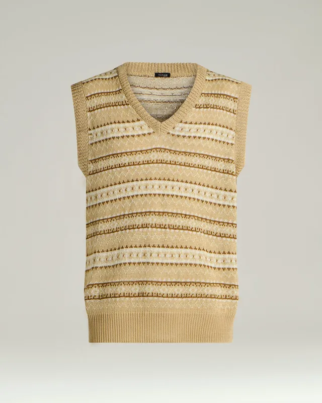 Kiton Gilet Leinen Pullunder Beige Braun V-Ausschnitt