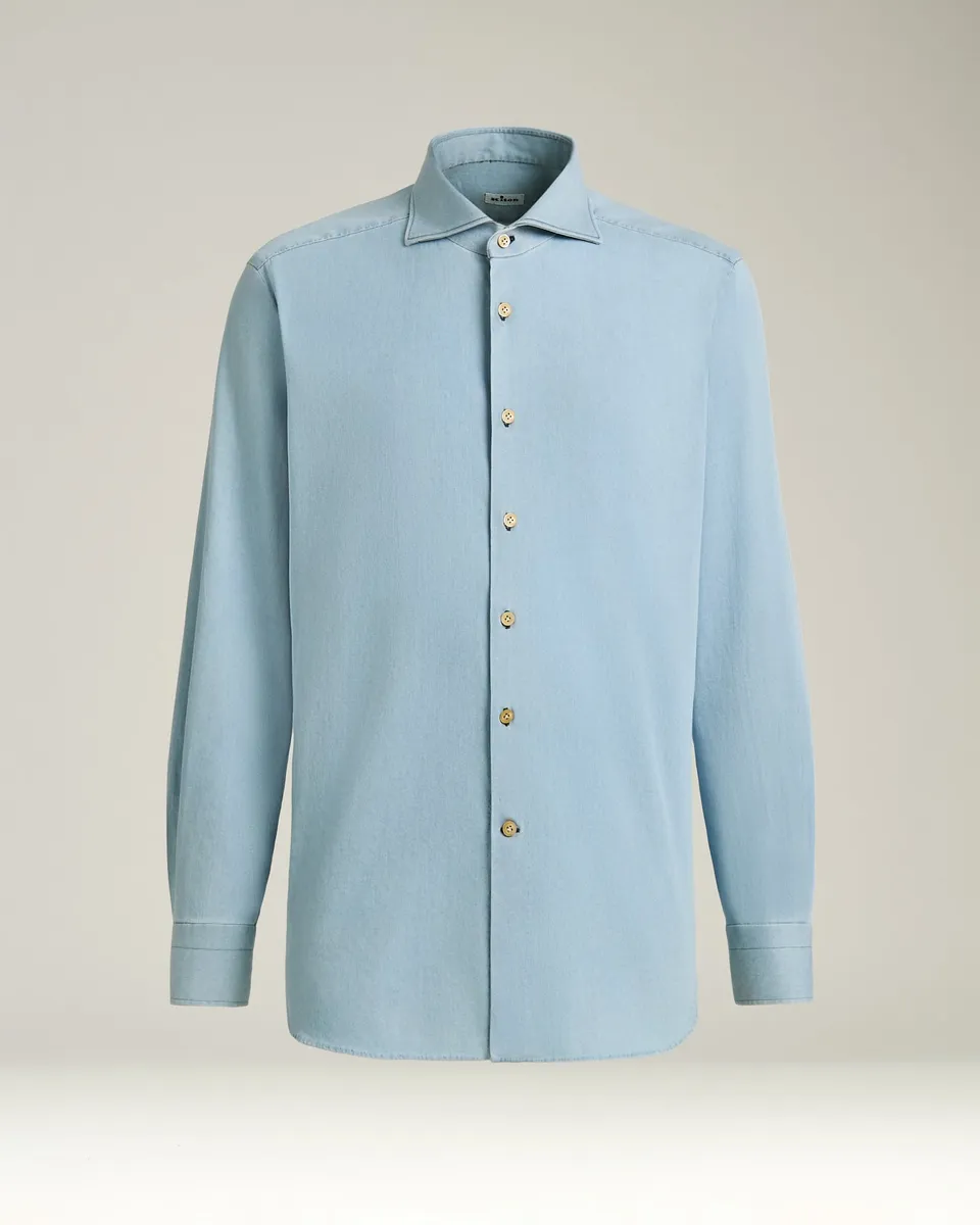 Kiton Casual Denim Hemd Hellblau Spread-Kragen Gr. M