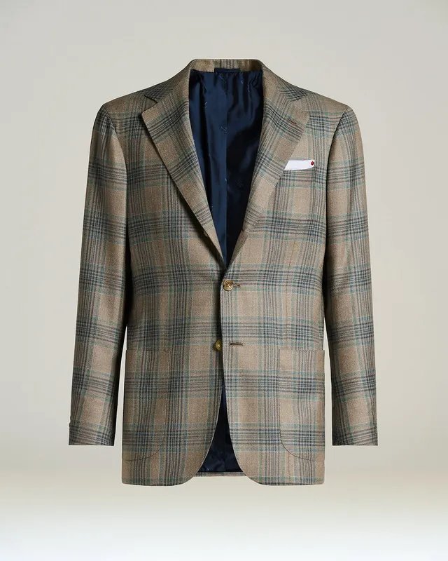 Kiton Tartan Sakko Gr.50 Kaschmir Seide Leinen Grau