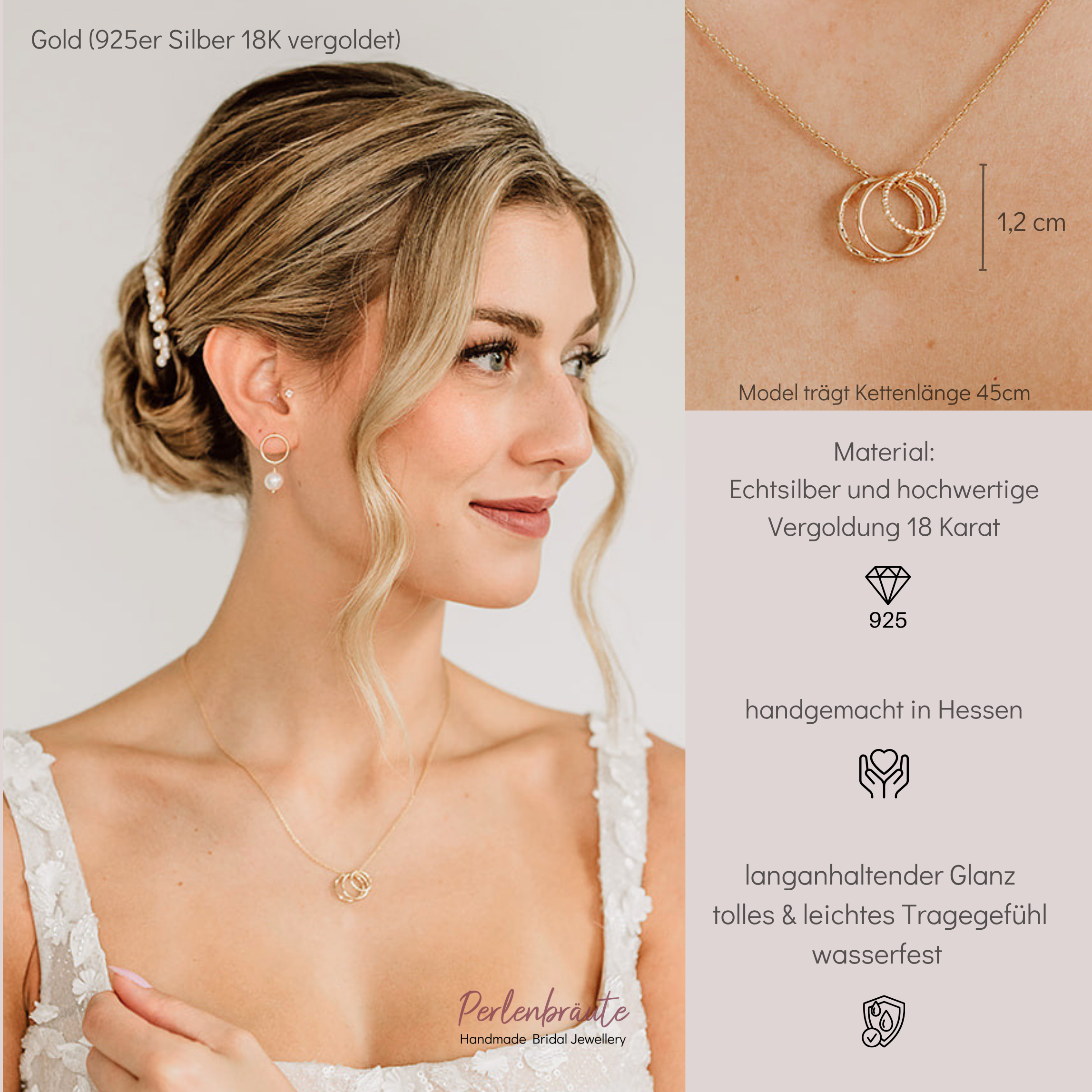 Perlenbräute Toni Trio Brautkette Gold mit 3 Kreisen 45 cm