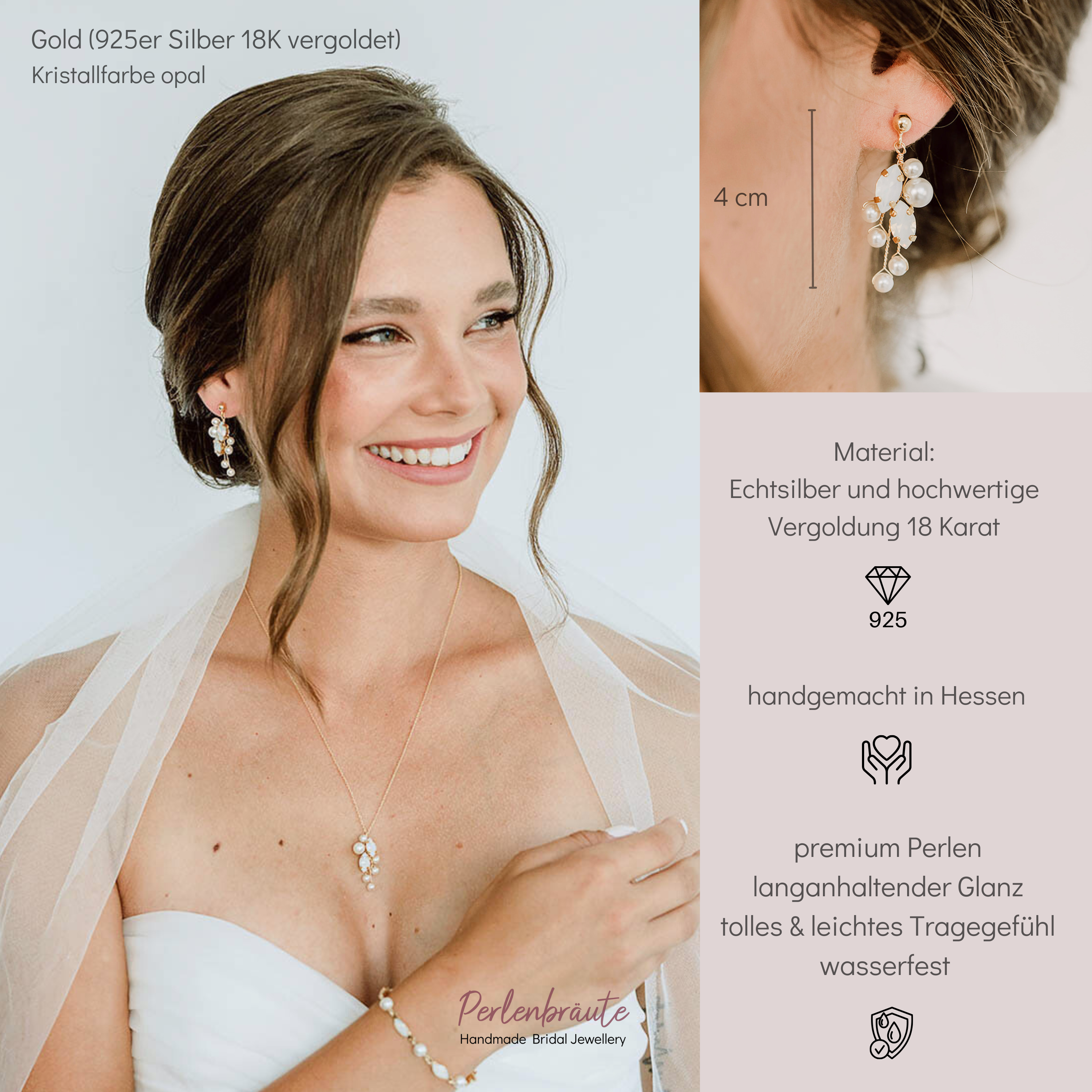 Perlenbräute Ana Ohrringe Hochzeit Perlen Gold white opal