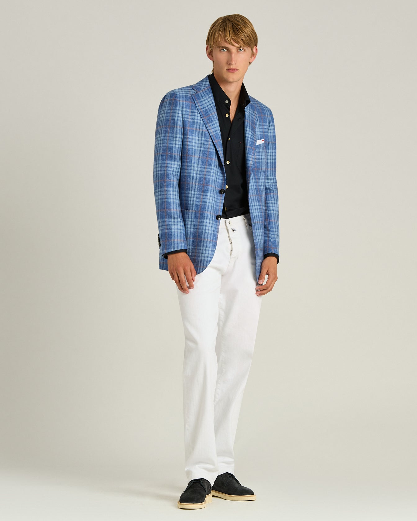 Kiton Jackets Sakko Kaschmir Seide Leinen kariert blau