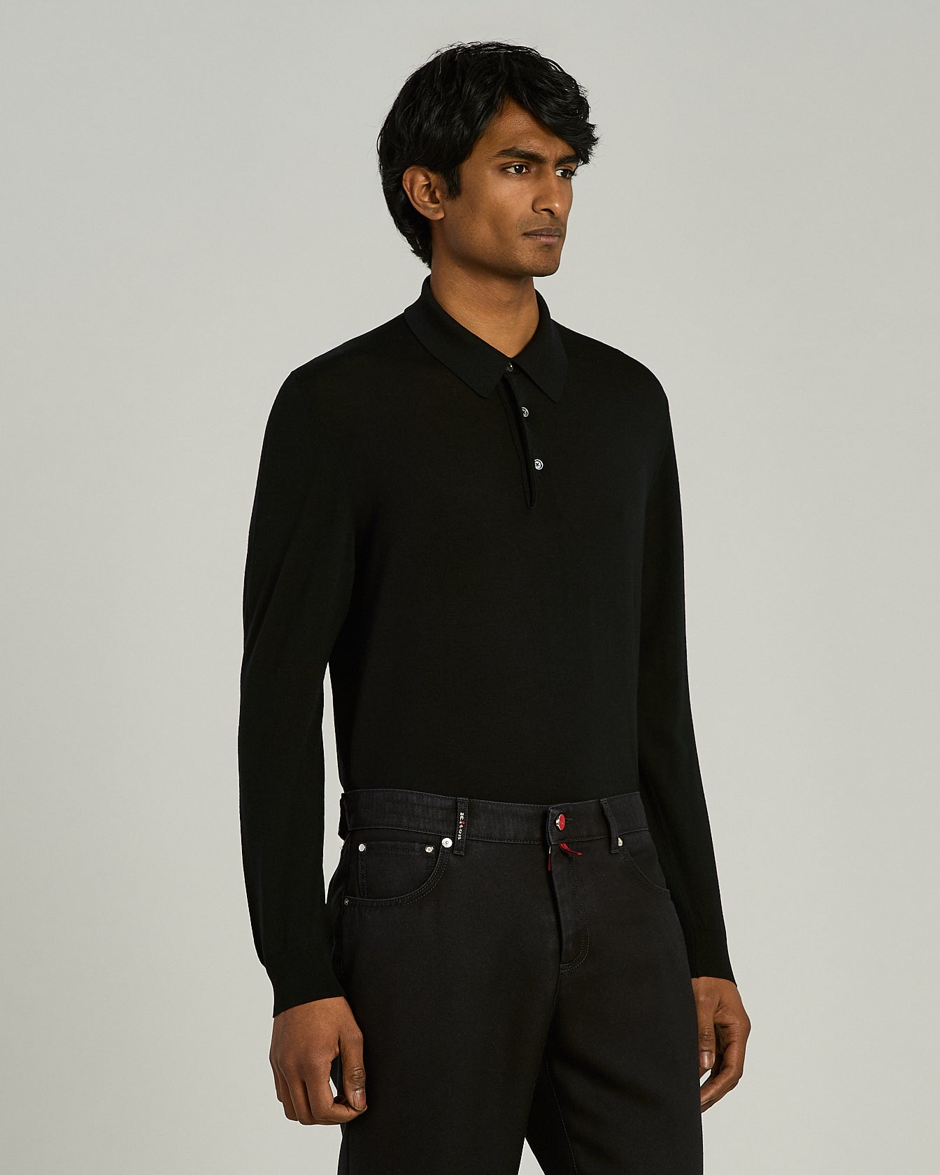 Kiton Black Wool Long-Sleeve Polo Shirt Herren schwarz Wolle