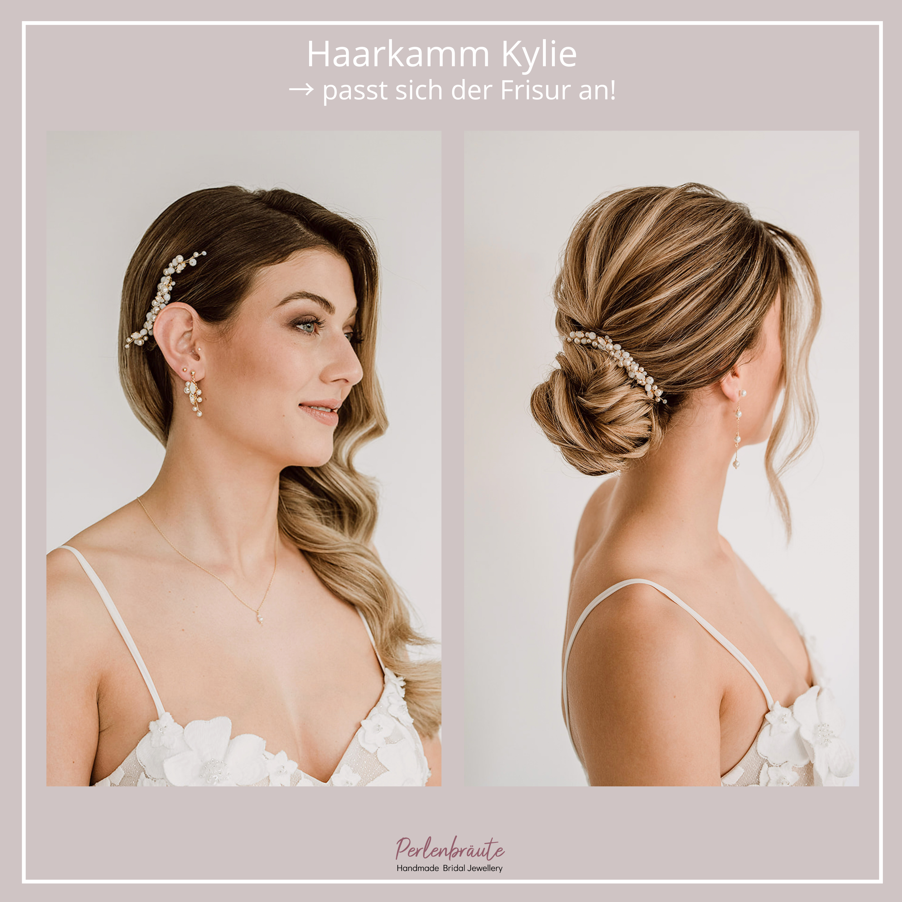 Perlenbräute Kylie Haarkamm mit Perlen und Kristallen Gold White Opal