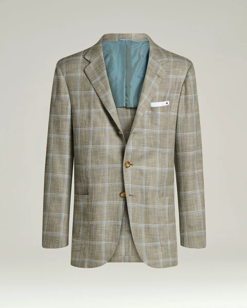 Kiton Sakko Seide Baumwolle Karo beige Gr.50