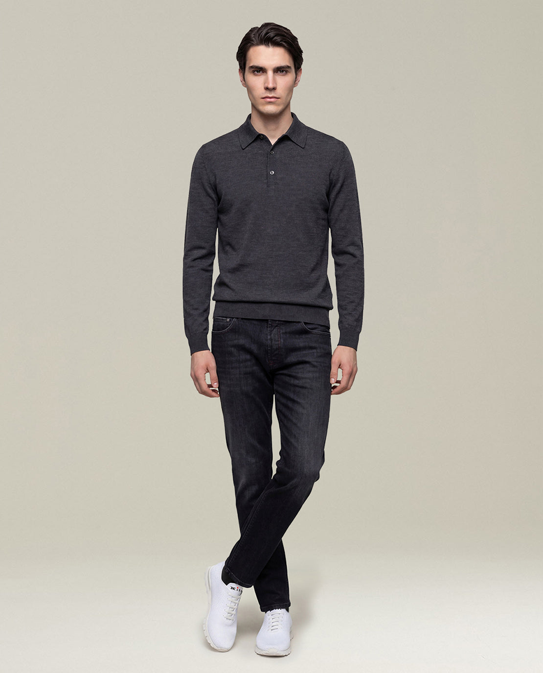 Kiton Polo Charcoal Gray Wool Langarmpolo M Wolle