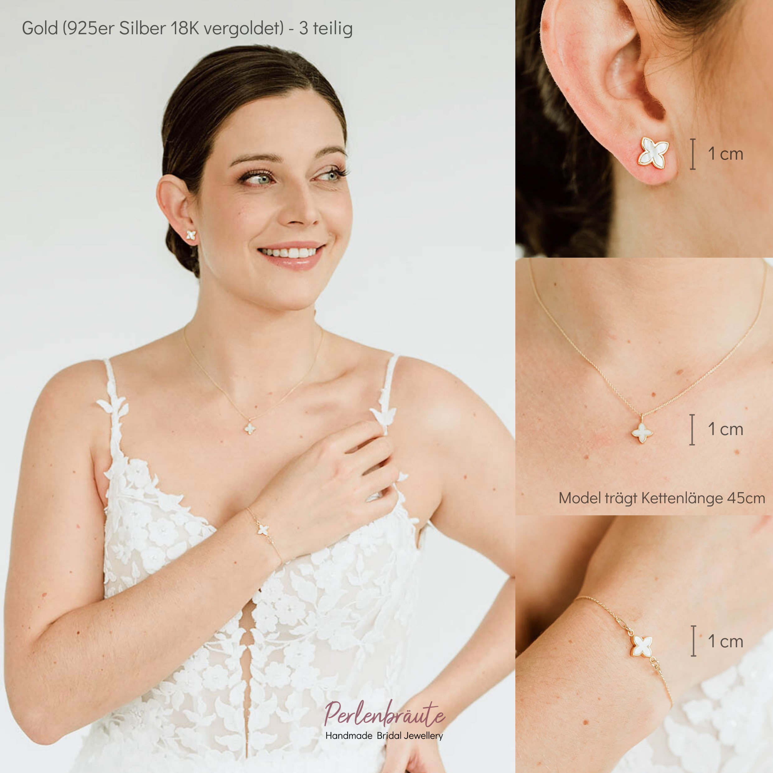 Perlenbräute Brautschmuck Set Daisy Blüte Gold 45cm 3-tlg