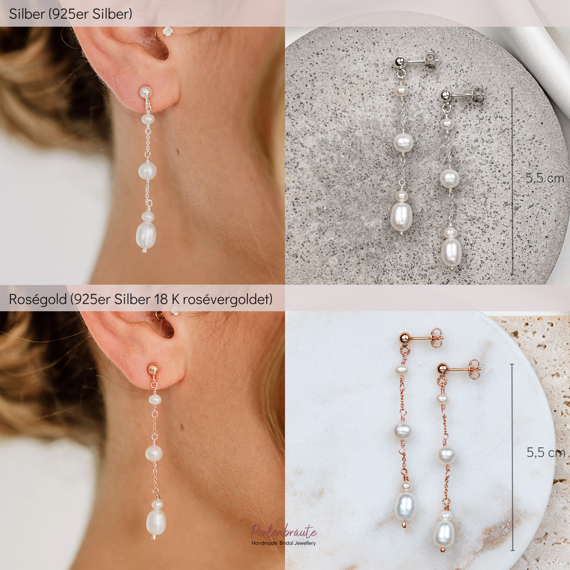 Perlenbräute Joy Braut Ohrringe echte Perlen Gold 5,5 cm