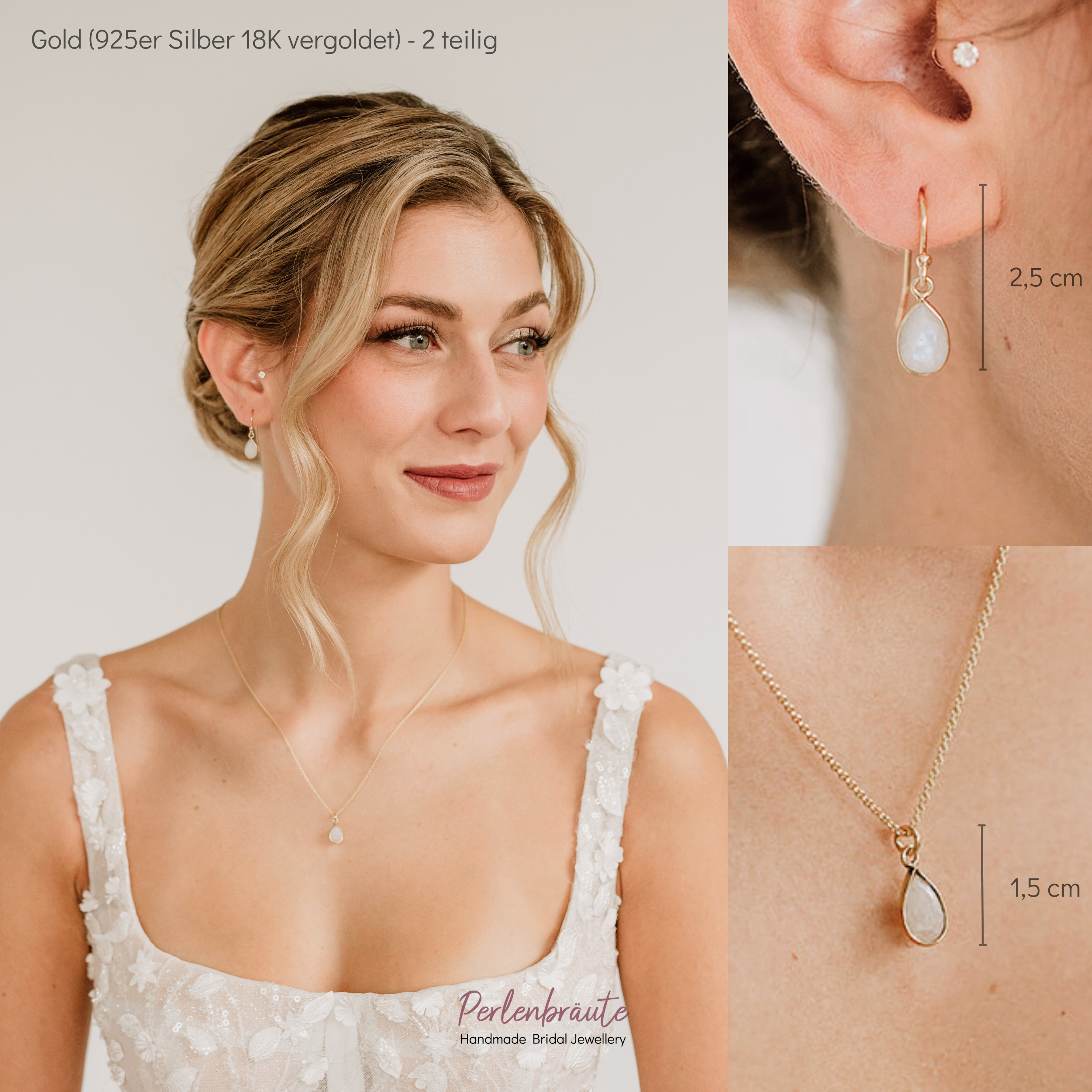 Perlenbräute Juna Brautschmuck Set Mondstein Gold 45 cm