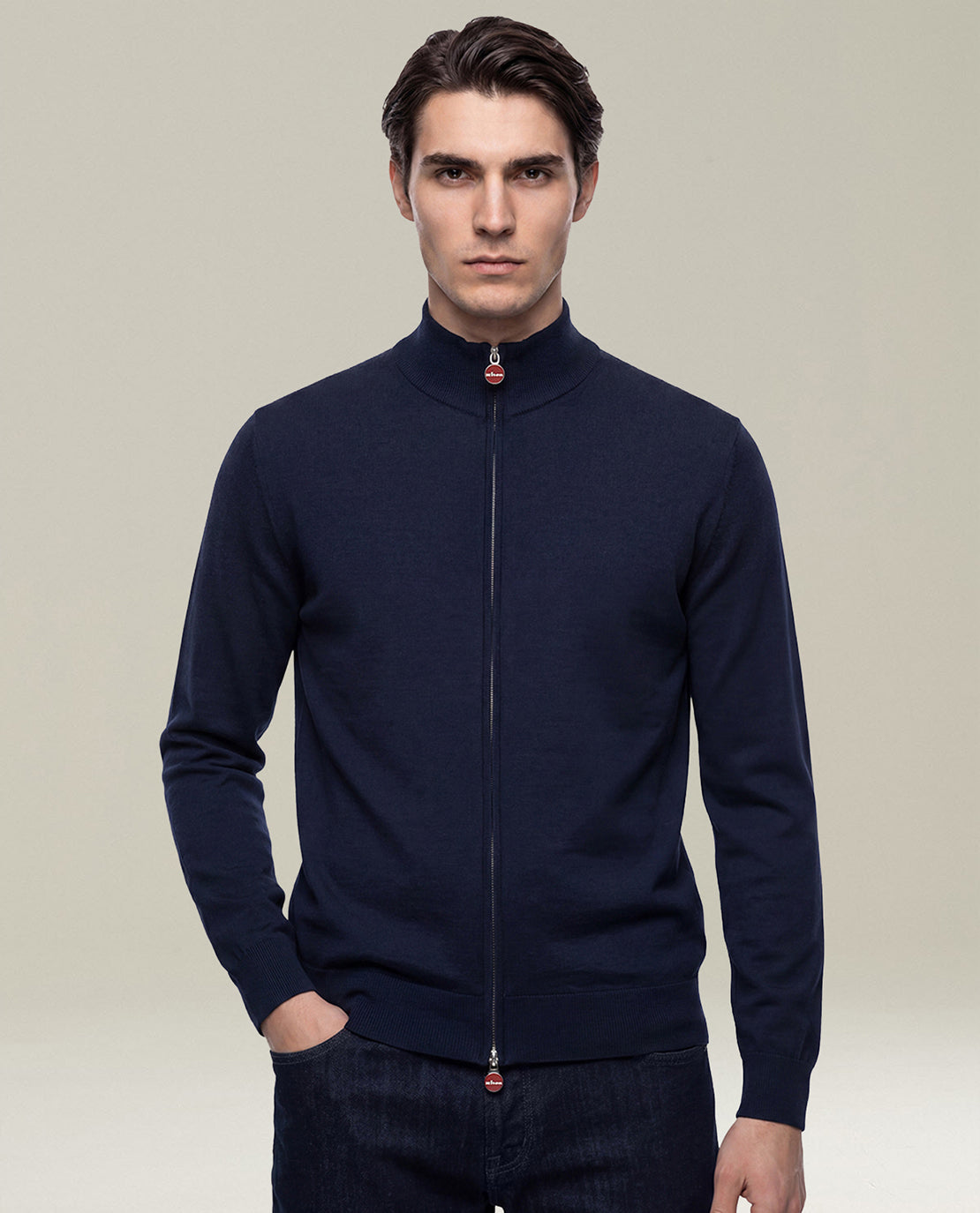 Kiton Jackets Navy Blue High-Collar Zip Jacke Wolle navy