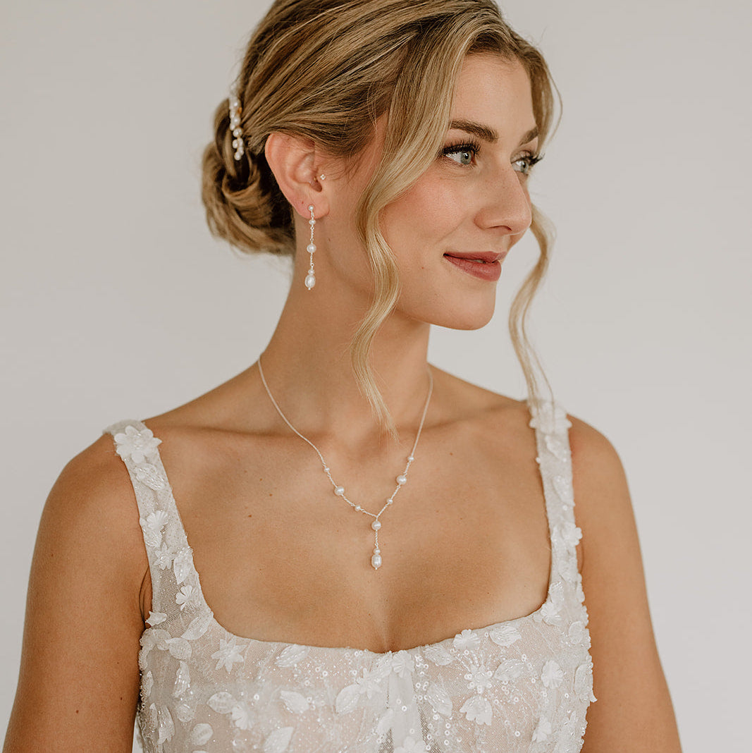 Perlenbräute Joy Brautschmuck Set Perlen Gold Ohrringe Y-Kette