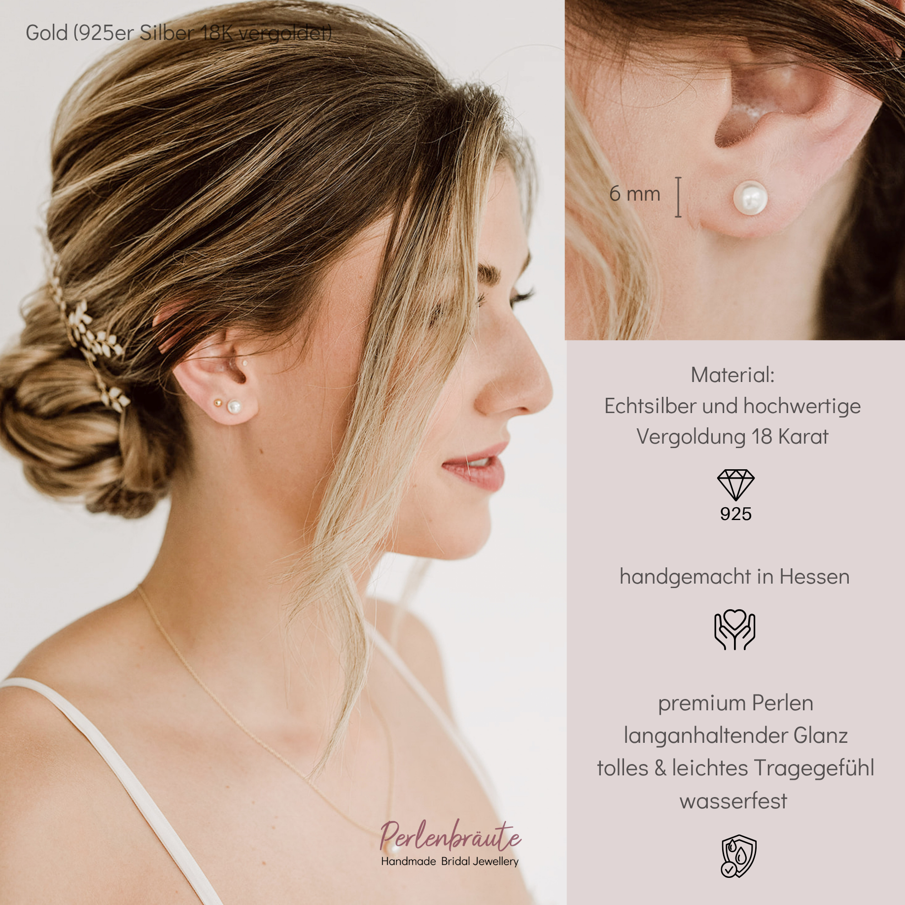 Perlenbräute Perla 6mm Perlenstecker Gold Brautschmuck Hochzeit