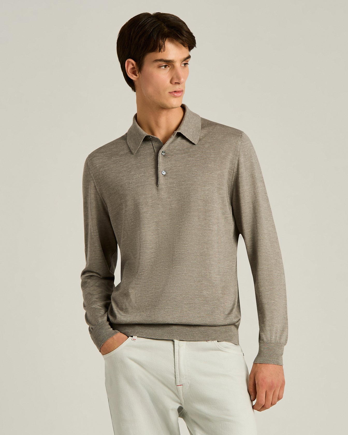 Kiton Polo Langarm Poloshirt Hellgrau Perlmuttknöpfe