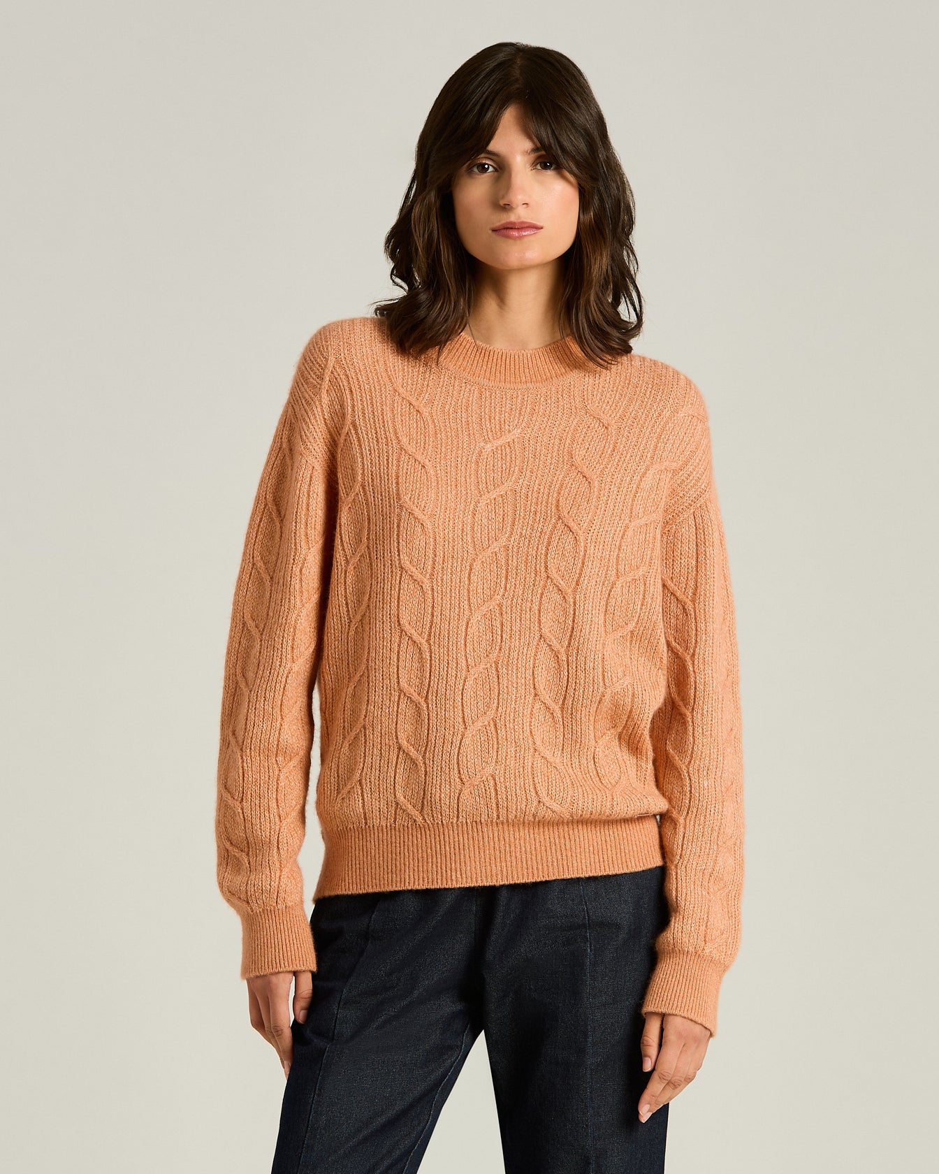 Kiton Knitwear Rundhals Pullover rosa-weiß Zopf