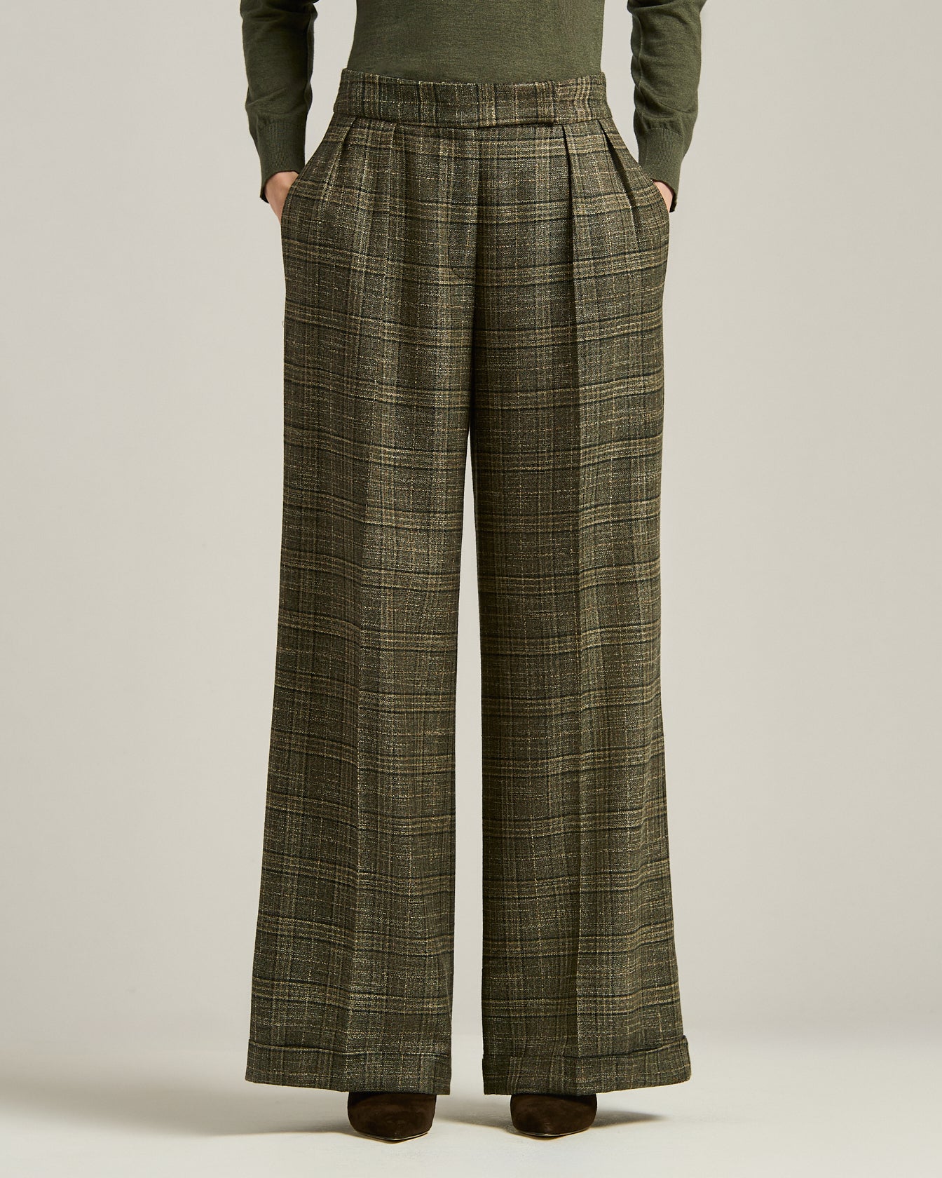 Kiton Trousers Palazzo Hose Viskose Grün Kariert Gr.40