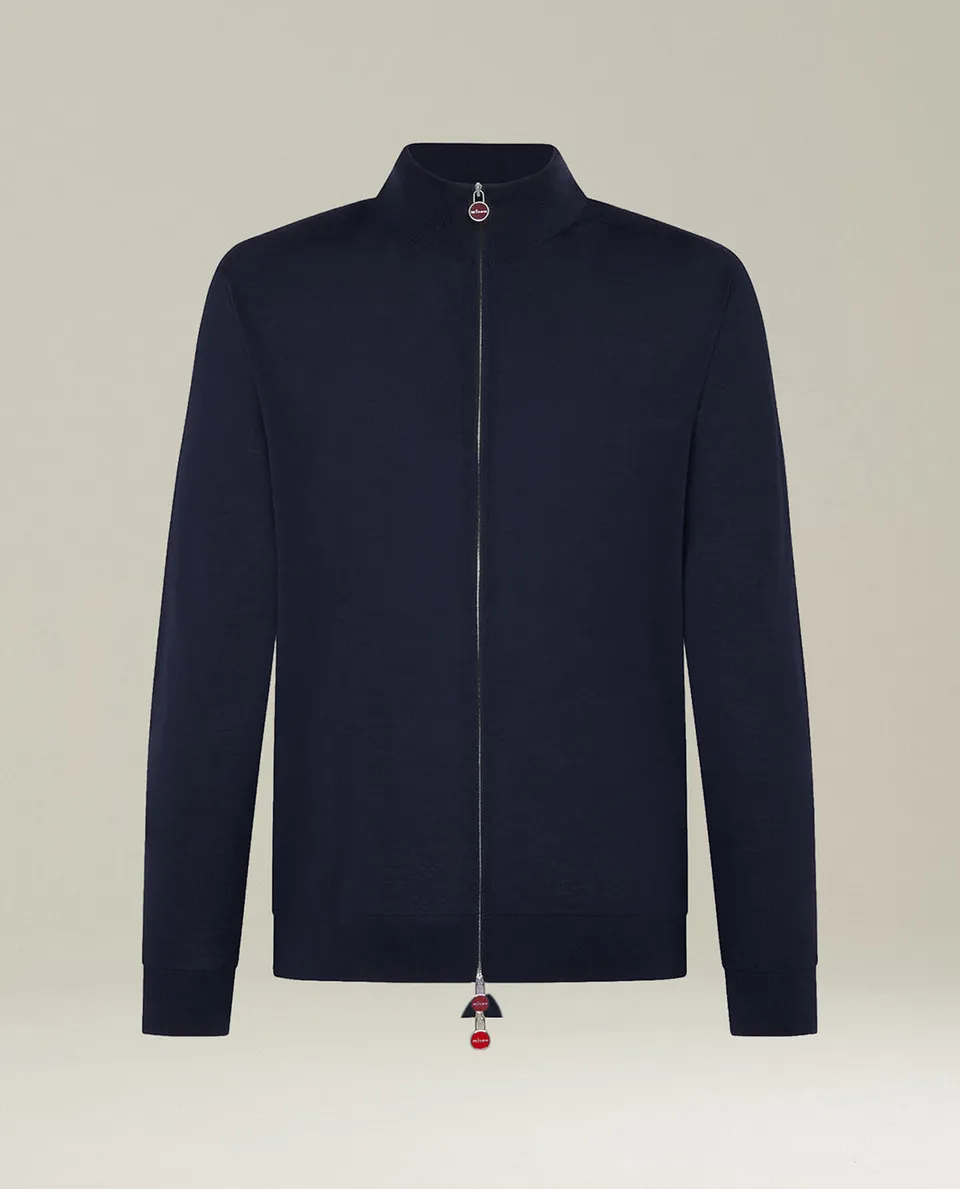 Kiton Jackets Navy Blue High-Collar Zip Jacke Wolle navy