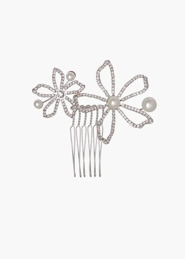 Elizabeth Bower Pavet Pearl Mini Haarkamm Rhodium