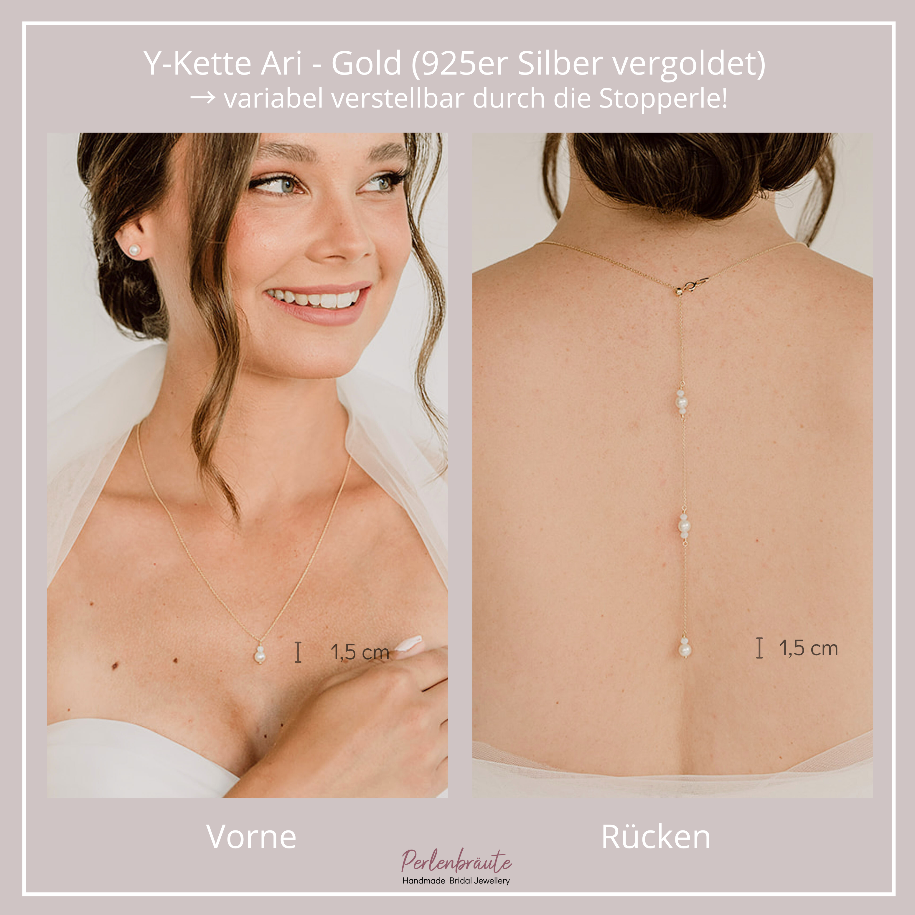 Perlenbräute Ari Halskette Y-Kette Gold 69cm Perlen