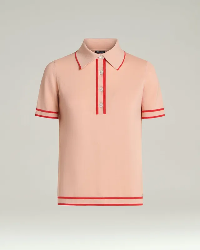 Kiton Polo Seiden Poloshirt Pfirsichrosa Kontrast