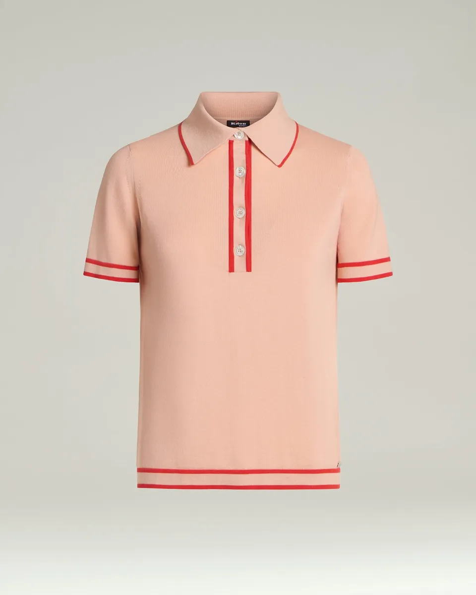 Kiton Polo Seiden Poloshirt Pfirsichrosa Kontrast