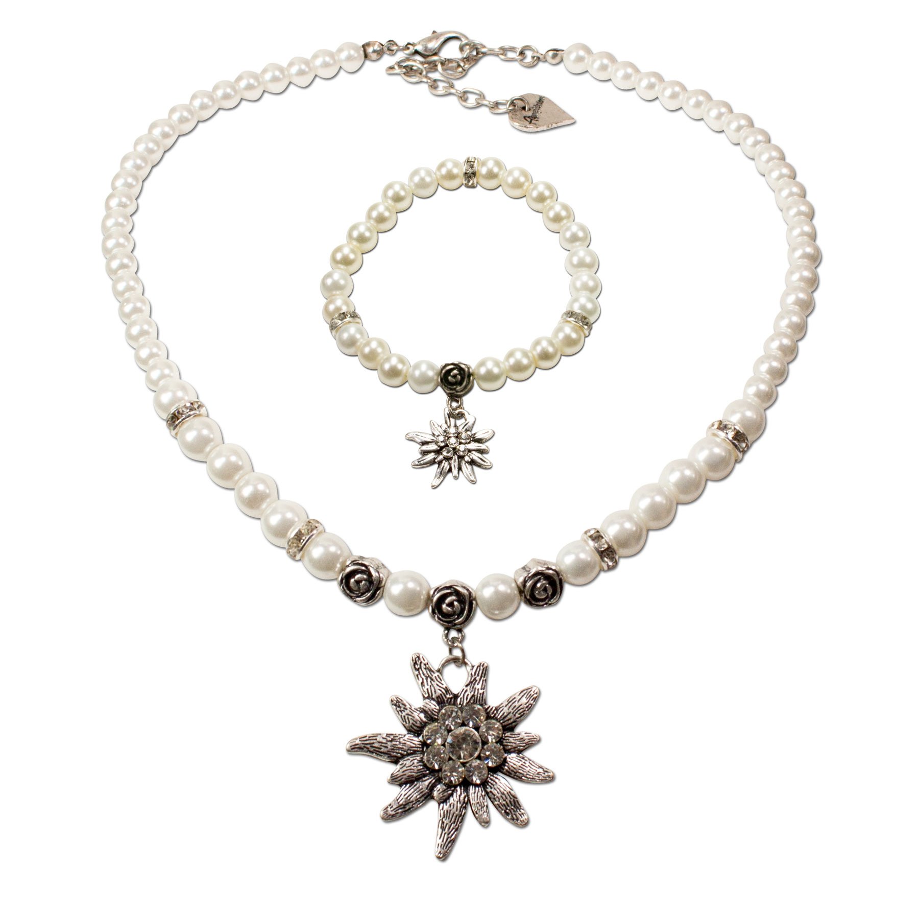 Alpenflüstern DAHEIM SET022 Perlen Trachtenset Kette Armband Creme-weiß