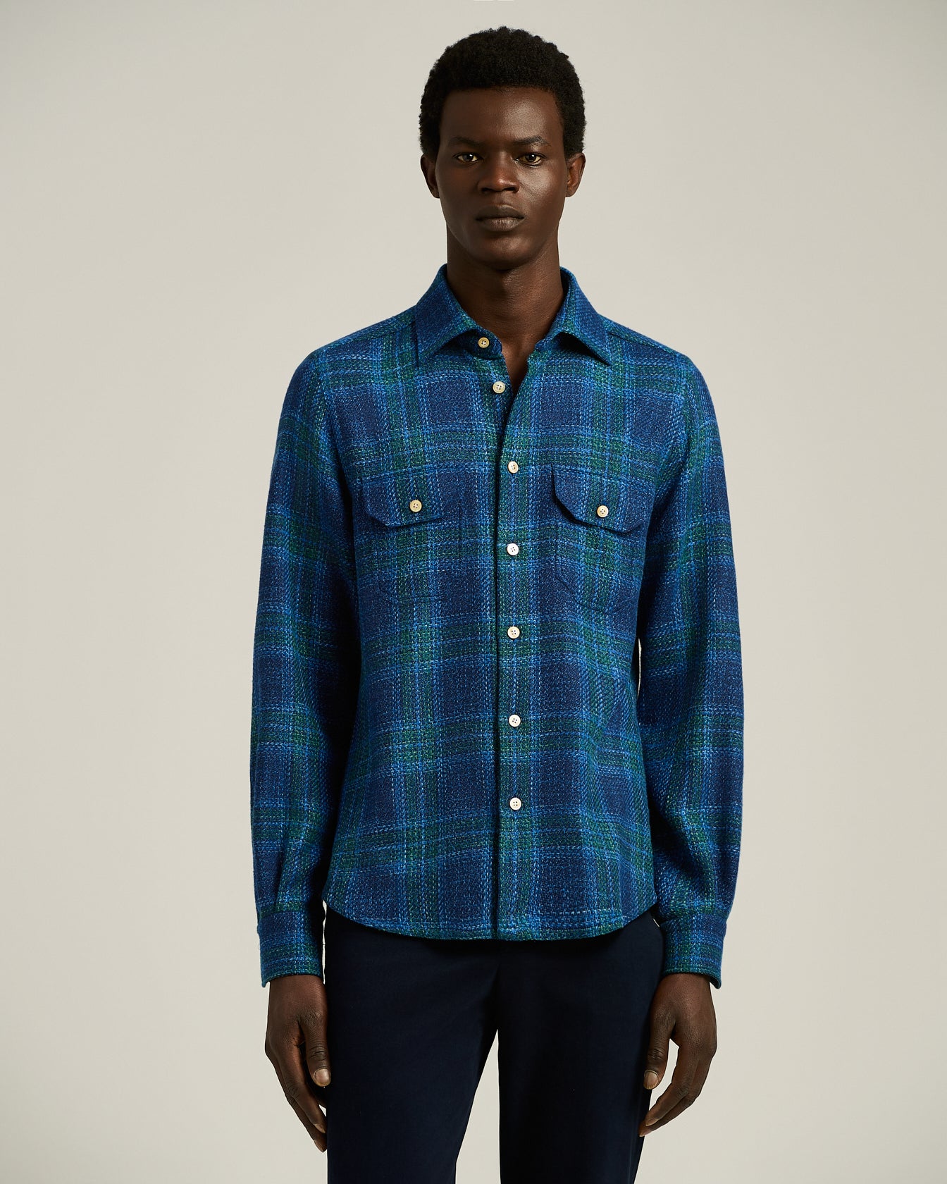 Kiton Shirts Tartan Overshirt Hemd Wolle blau