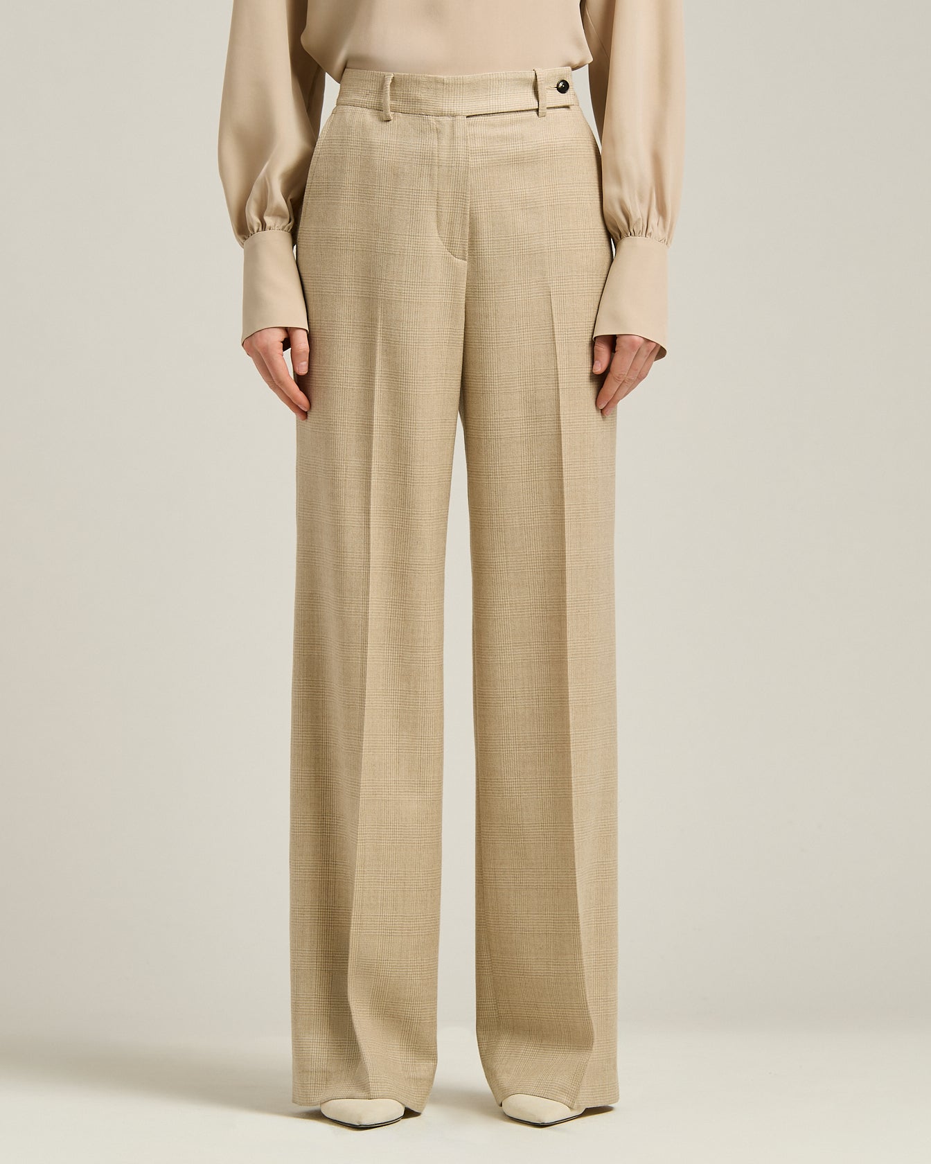 Kiton High-Waist Palazzo Hose Prince of Wales Beige Wollmix