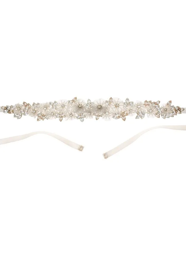 Elizabeth Bower Gardenia Floral Sash Brautgürtel Gold Satin