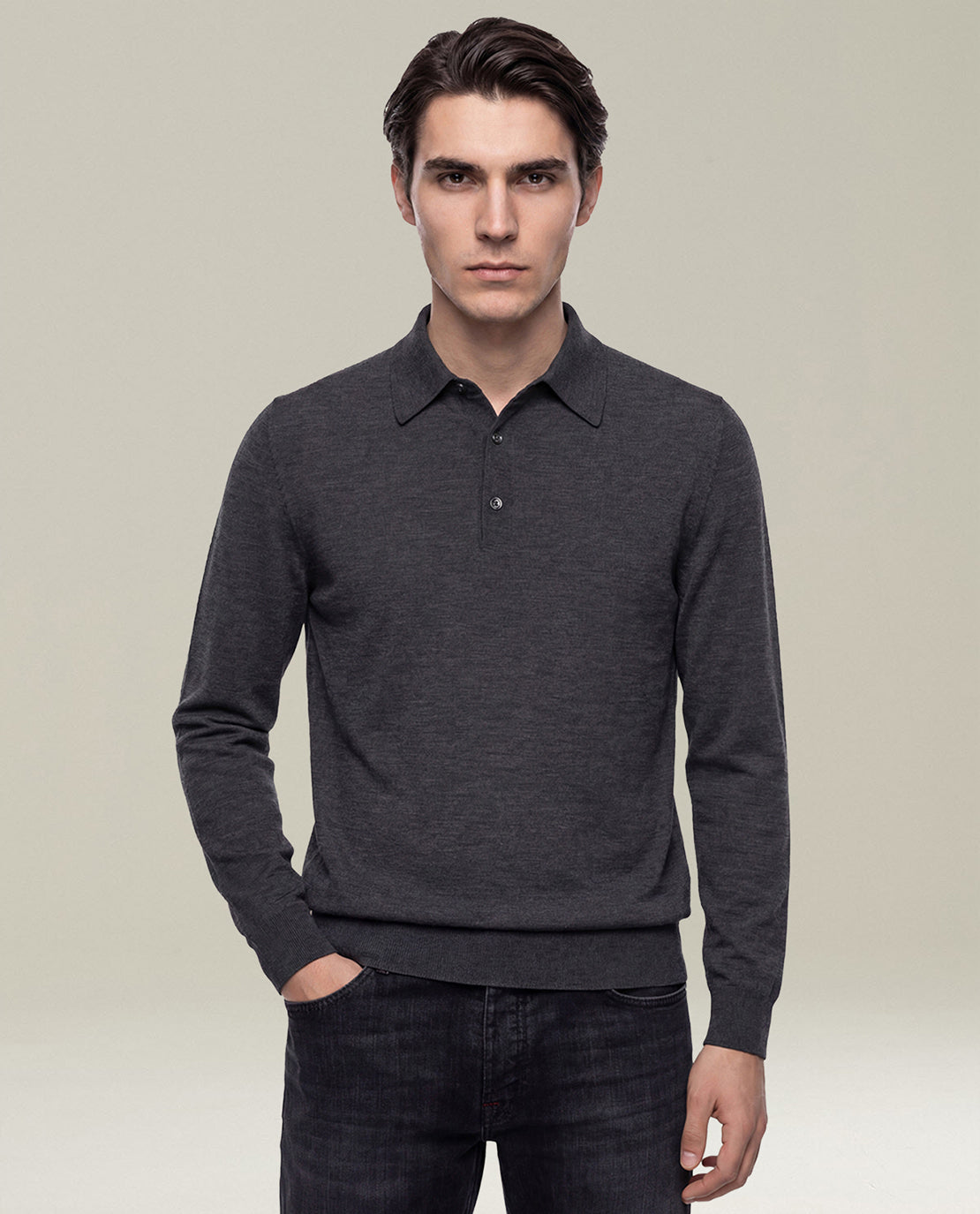 Kiton Polo Charcoal Gray Wool Langarmpolo M Wolle