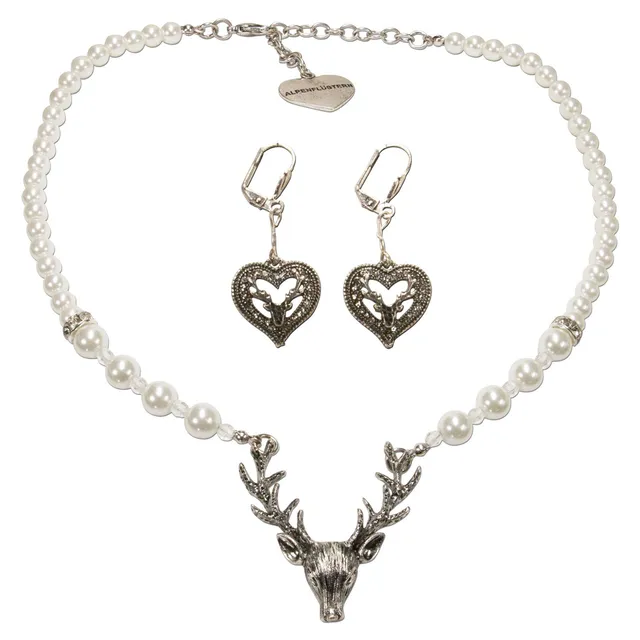 Alpenflüstern DAHEIM SET036 Trachtenset Perlenkette Hirsch creme