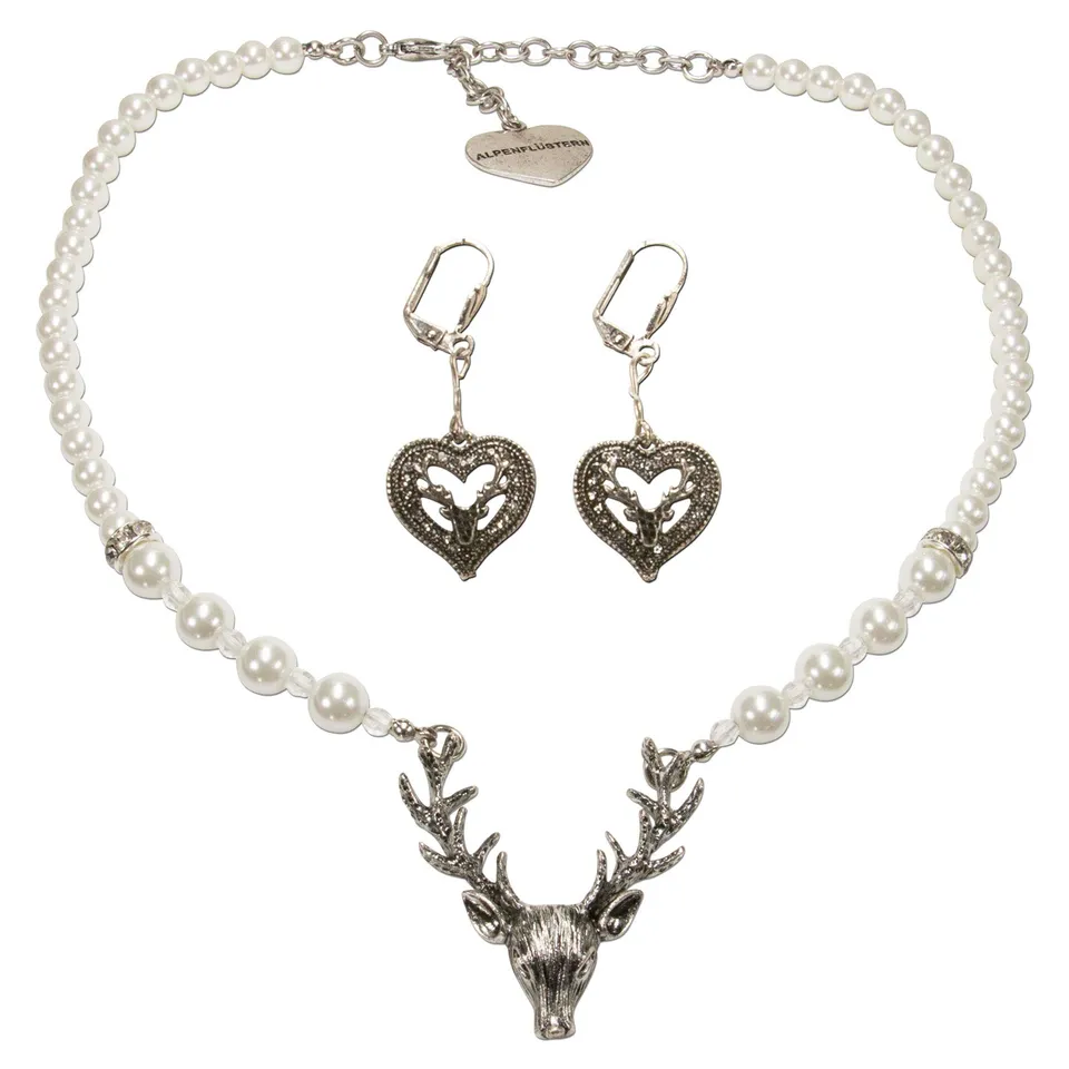 Alpenflüstern DAHEIM SET036 Trachtenset Perlenkette Hirsch creme