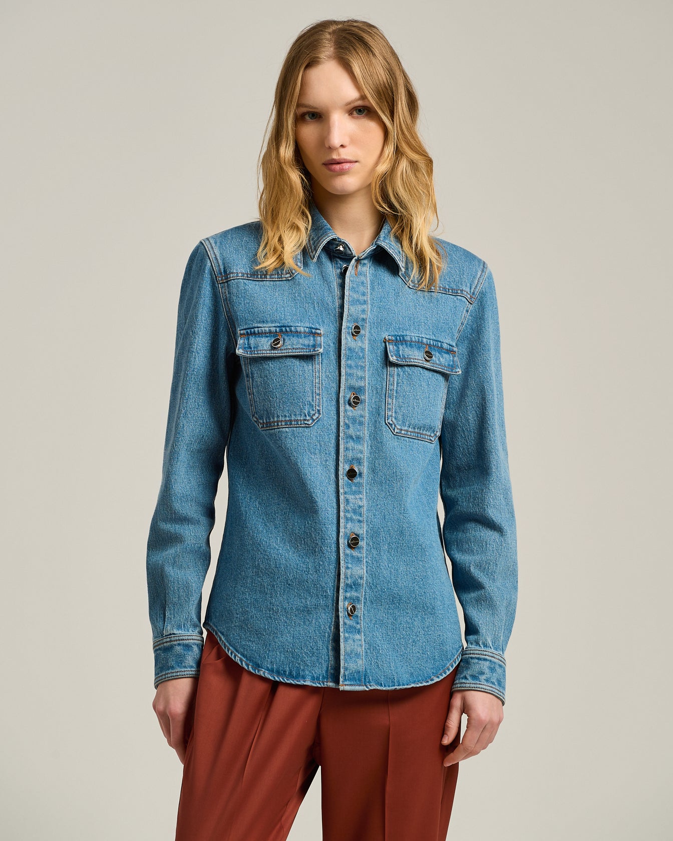 Kiton Shirts Medium Blue Stretch Jeanshemd Denim mit Taschen