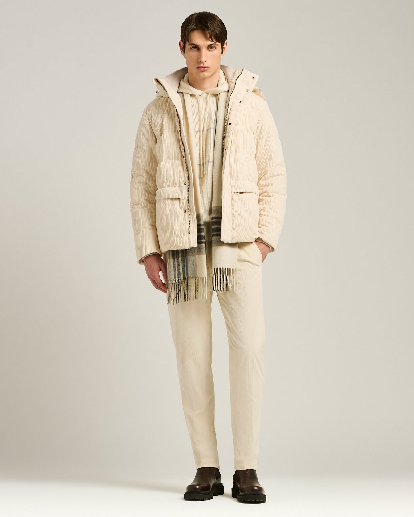 Kiton Schal Reines Kaschmir Creme Karo 50x200