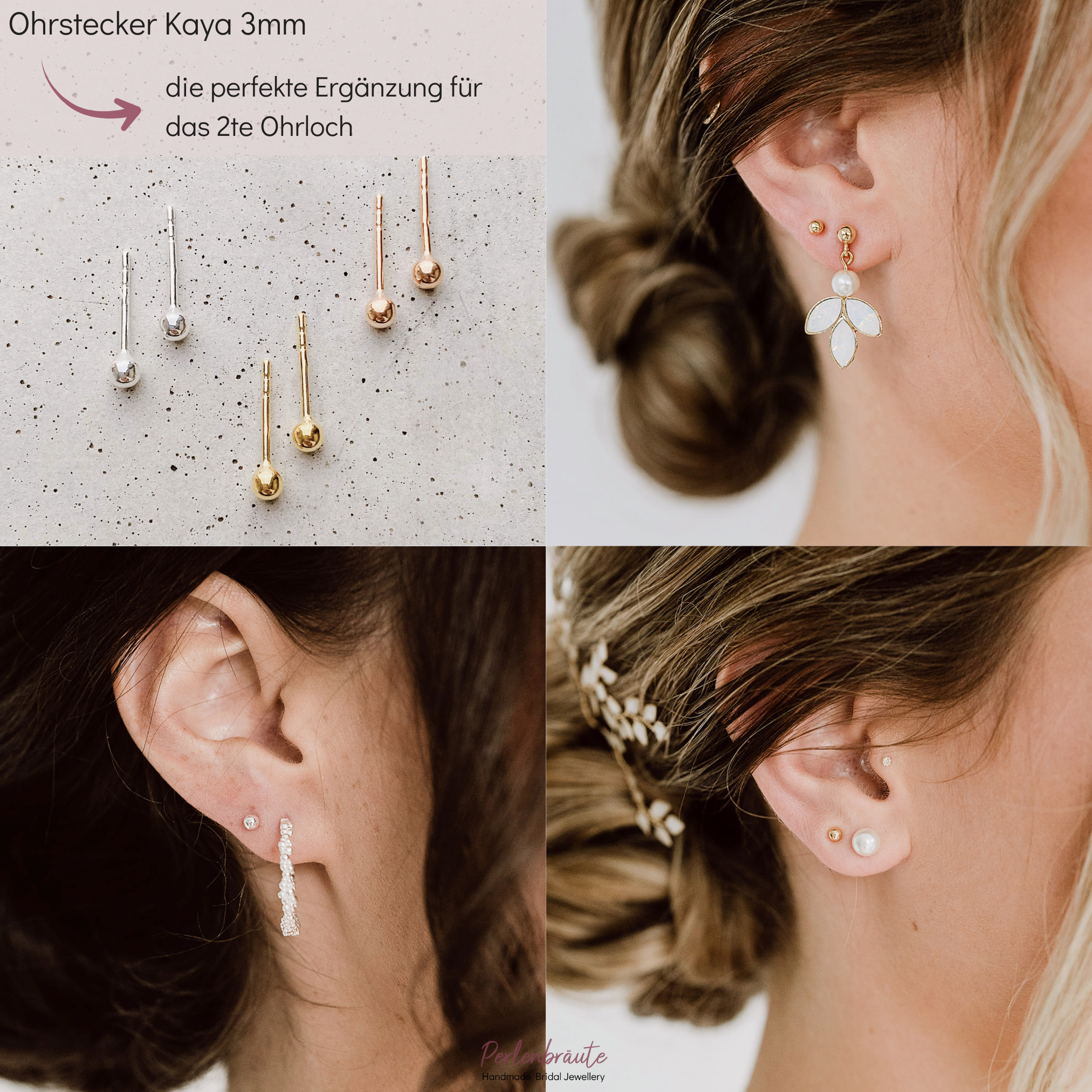 Perlenbräute Kaya 3mm Ohrstecker Gold zweites Ohrloch