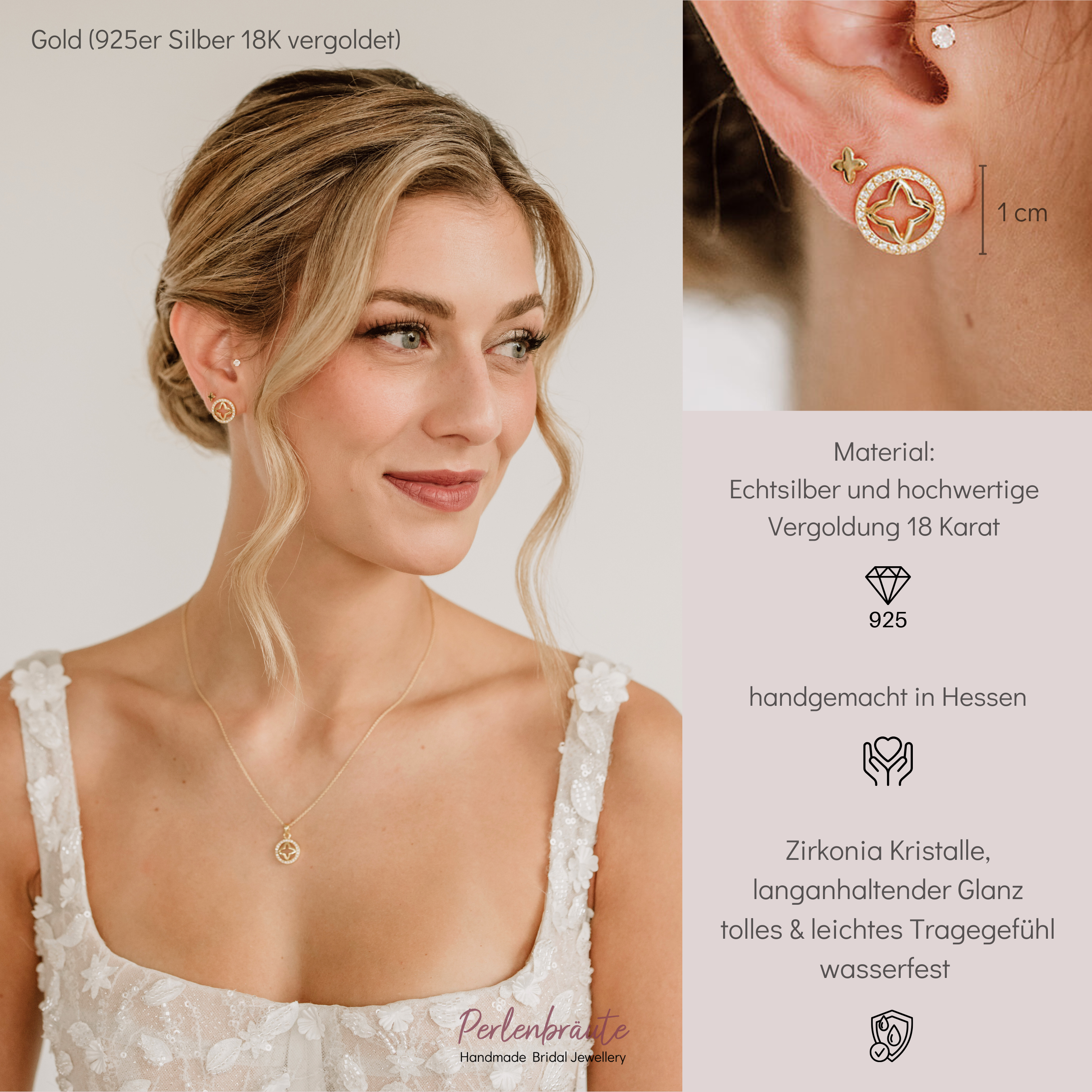 Perlenbräute Ohrringe Olivia Ohrstecker Gold Kristall Zirkonia 1cm