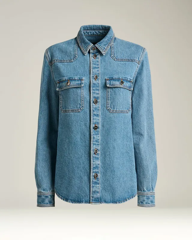 Kiton Shirts Medium Blue Stretch Jeanshemd Denim mit Taschen