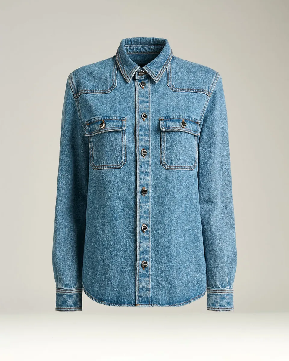Kiton Shirts Medium Blue Stretch Jeanshemd Denim mit Taschen