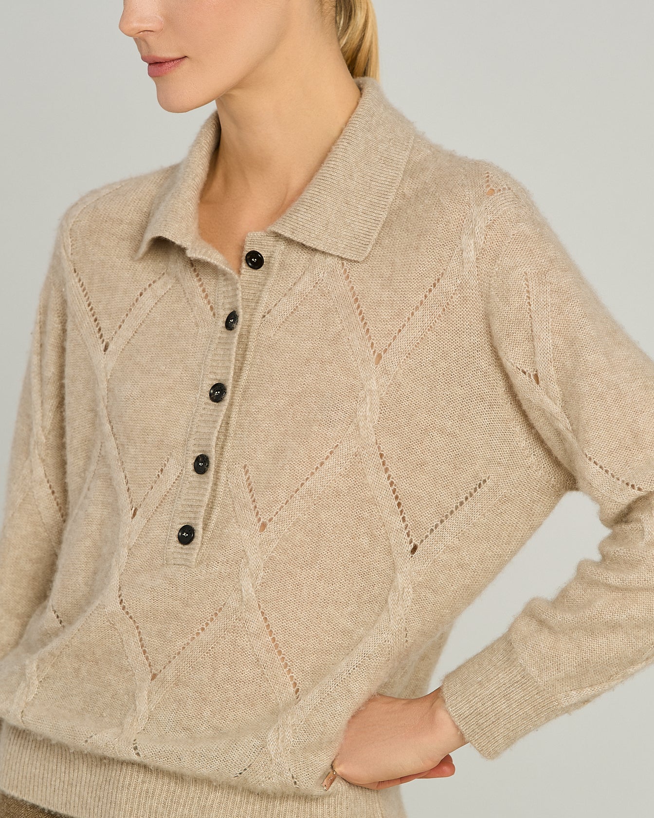 Kiton Polo Kaschmir Poloshirt Langarm Beige Damen