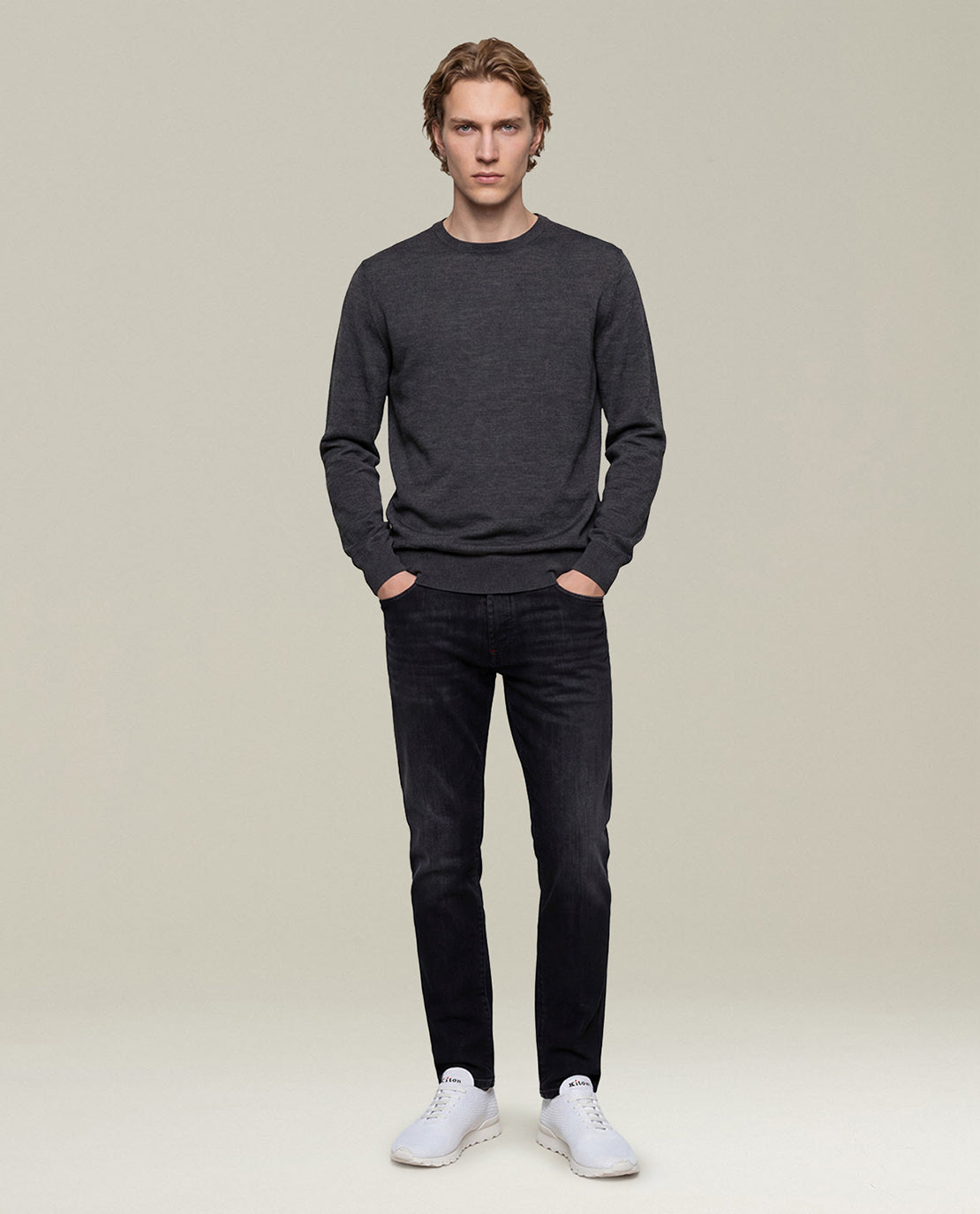Kiton Knitwear Pullover Wolle anthrazit Rundhals Langarm