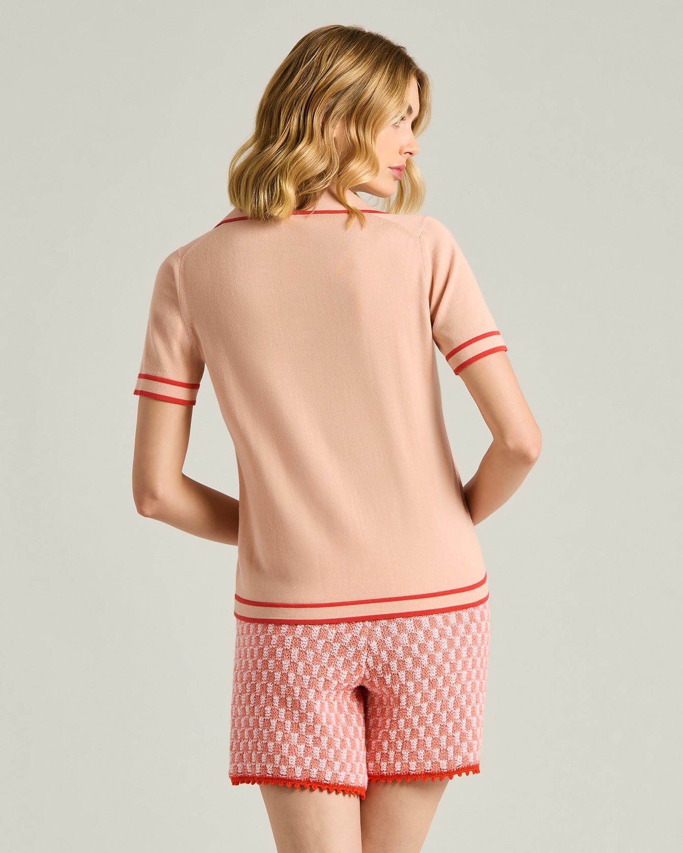 Kiton Polo Seiden Poloshirt Pfirsichrosa Kontrast