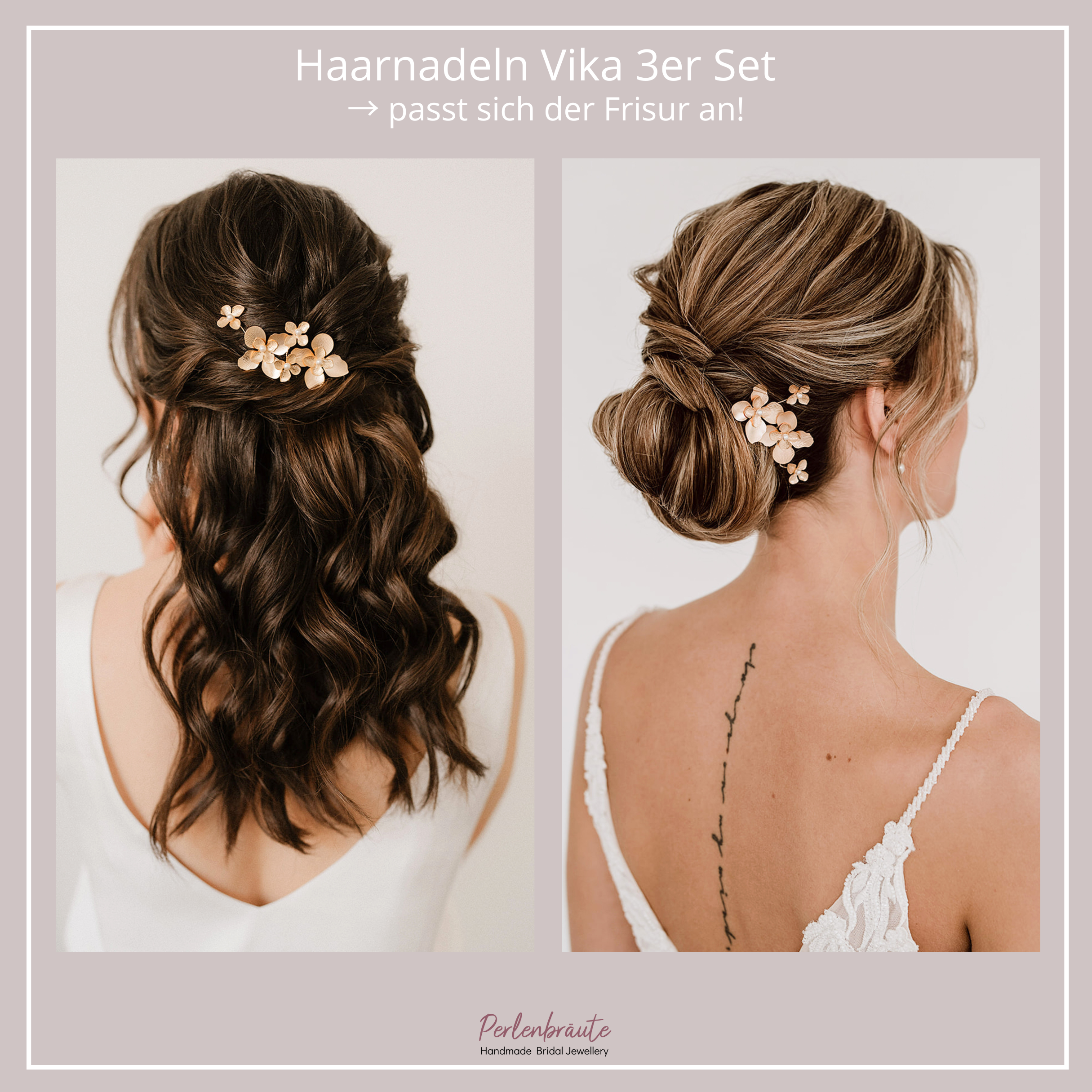 Perlenbräute Haarschmuck Vika Haarnadeln Blüten 3er Gold Perlen