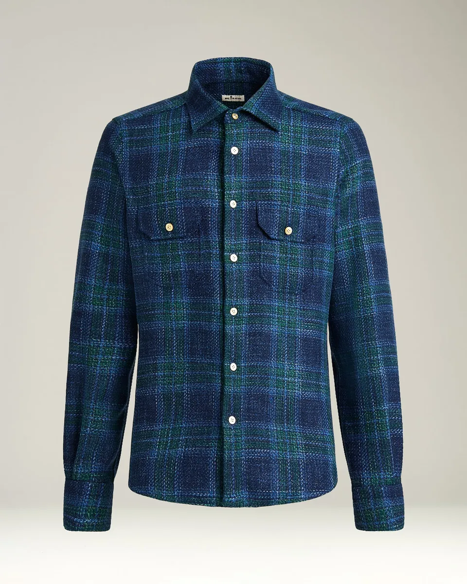 Kiton Shirts Tartan Overshirt Hemd Wolle blau