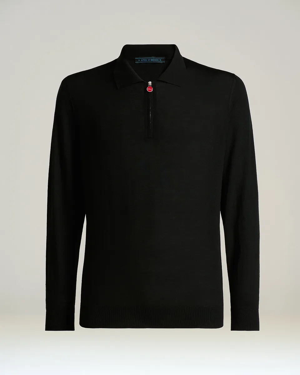 Kiton Zip-Polo Wollstrick schwarz Gr.M Langarm