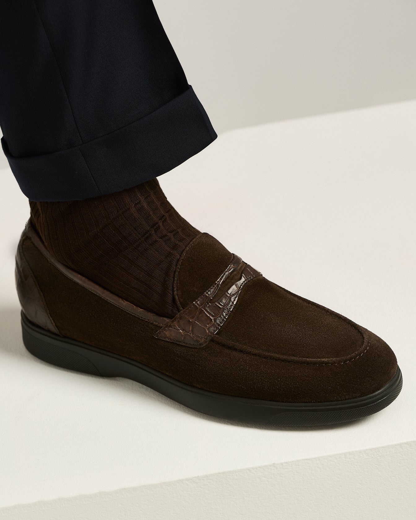 Kiton Shoes Loafer Kalbsleder Wildleder Braun Krokodil